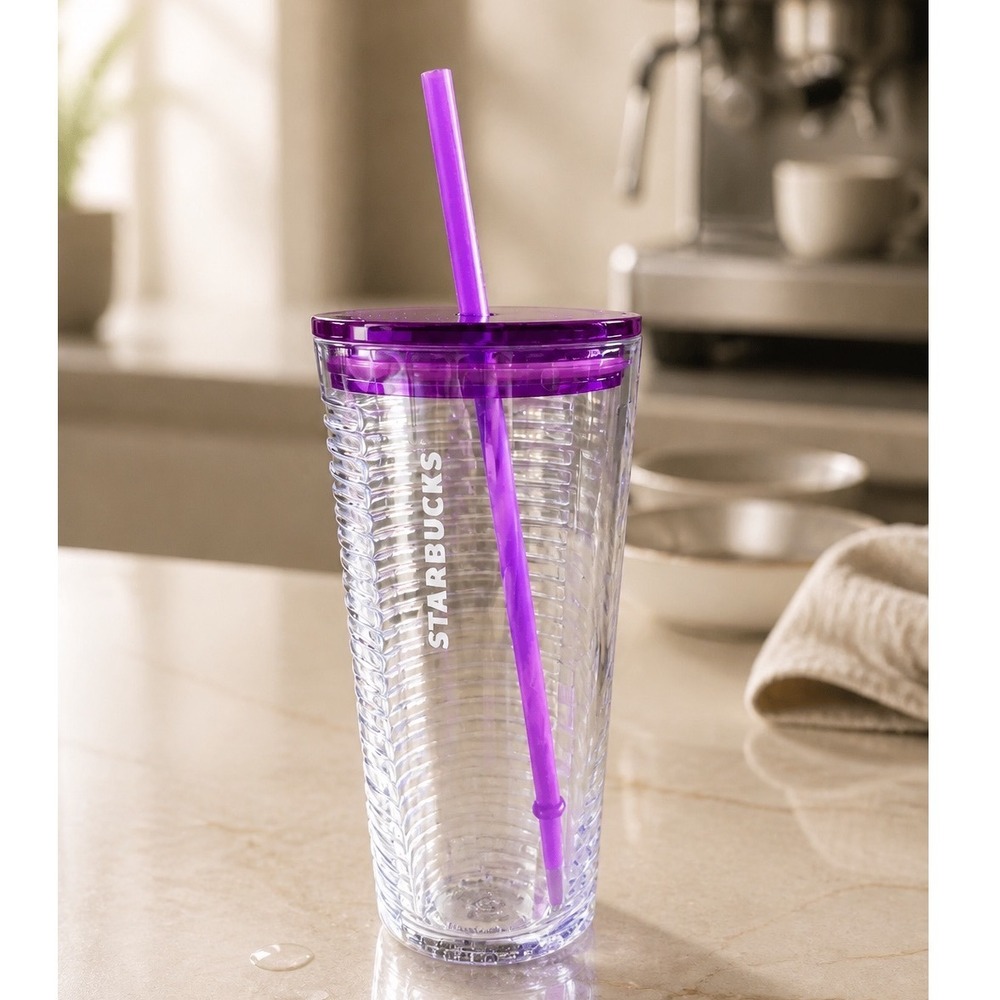 Starbucks 2022 Spring Pink Fuchsia Ribbed Glass Tumbler 18oz SKU 011129746‎ NWT
